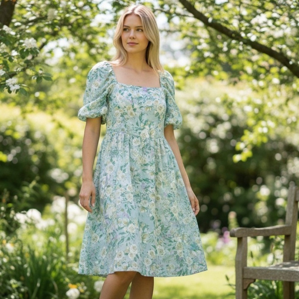 PrettyLittleThing Floral Mini Dress Womens 6 Mint Green Puff Sleeve Babydoll
